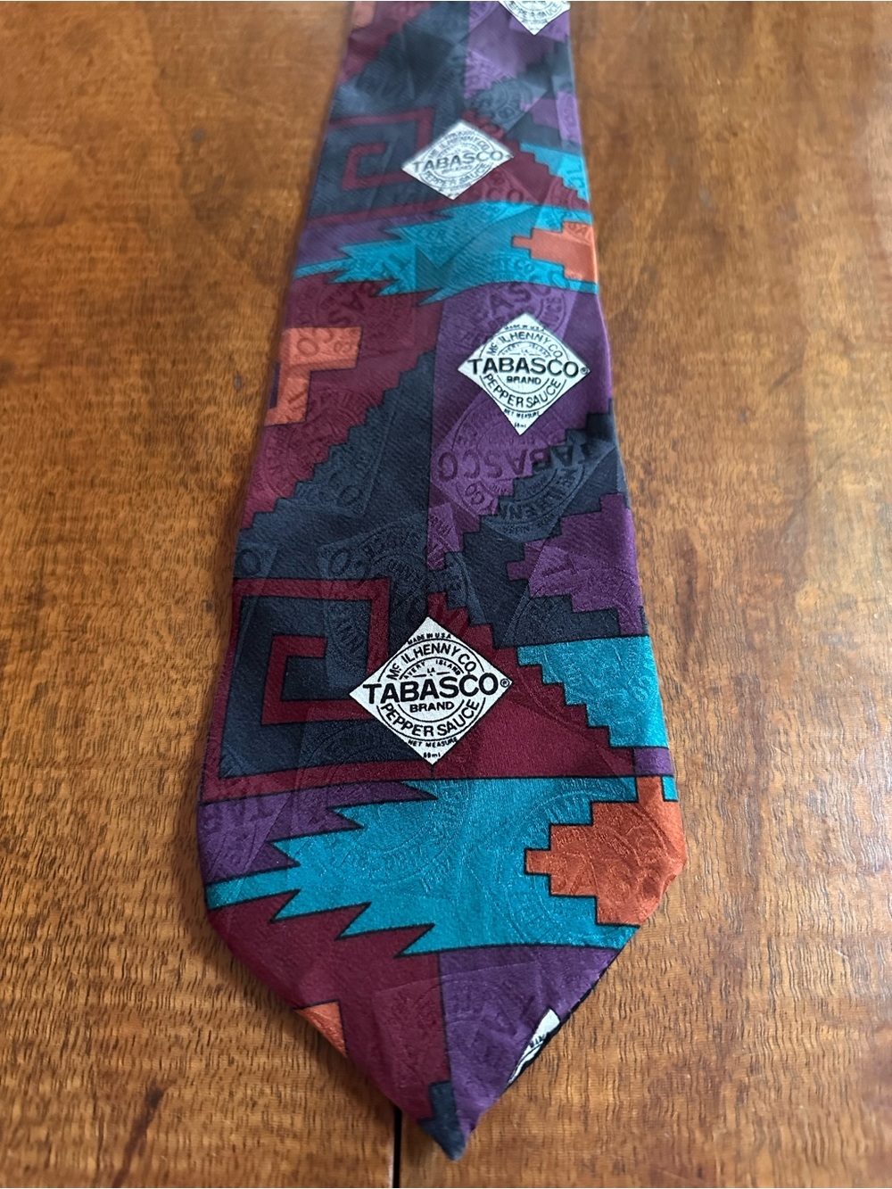Vintage 90s Tabasco Brand Silk Tie Southwestern Aztec Pattern 58” x 4” Novelty